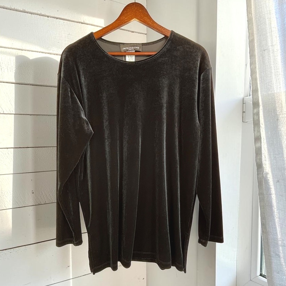 Vintage Velvet Top M Black Long Sleeve Minimalist Velour Witchy Goth Coquette